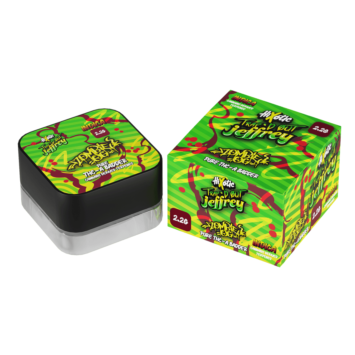 HiXotic Trap'd Out Jeffrey THCA Live Resin Badder — Zombie OG indica, 2200mg jar