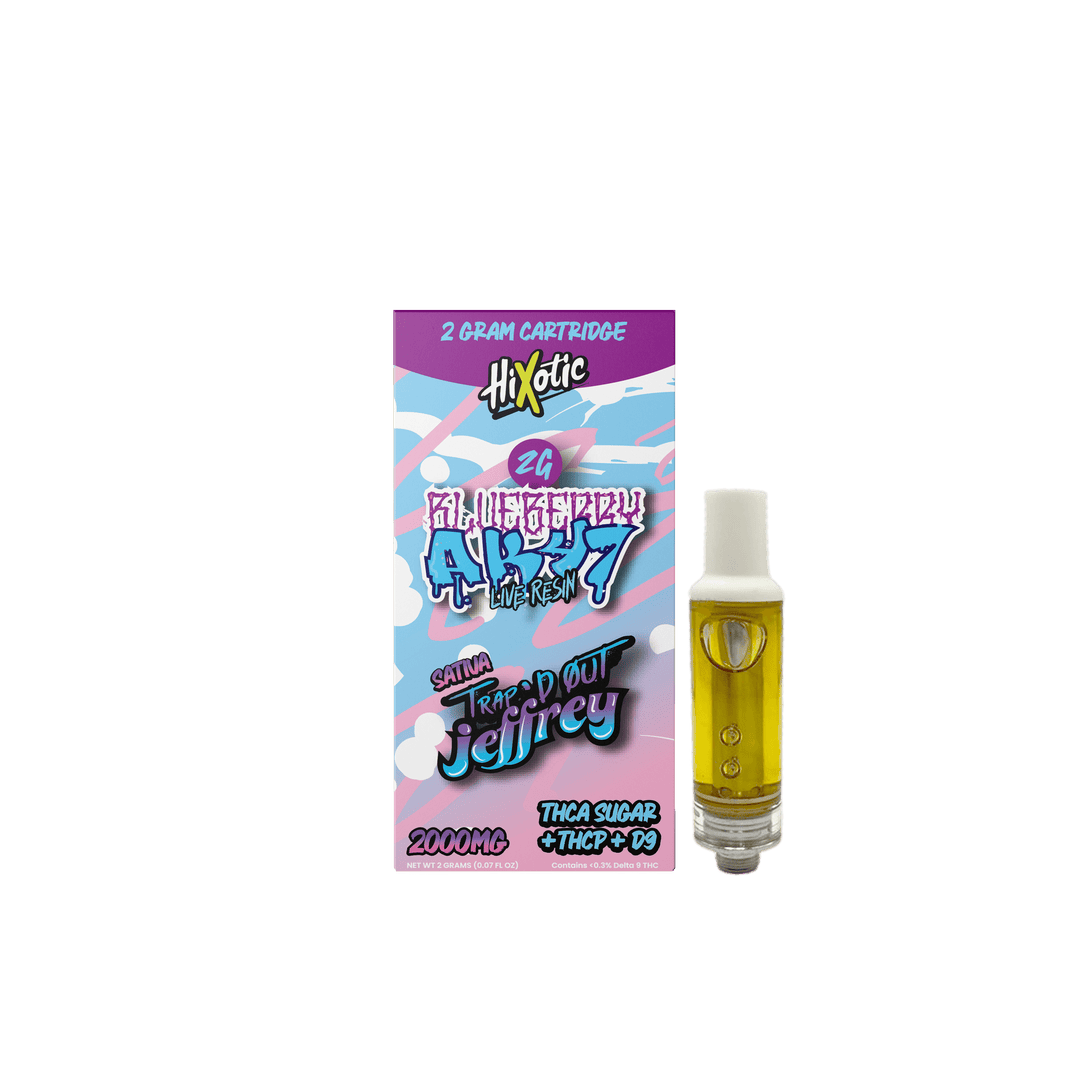 Trap'd Out Jeffrey 2G Cartridge featuring Cherry Bomb Hybrid strain, showcasing the sleek design and branding of the cartridge.