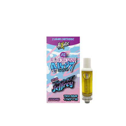 Trap'd Out Jeffrey 2G Cartridge featuring Cherry Bomb Hybrid strain, showcasing the sleek design and branding of the cartridge.