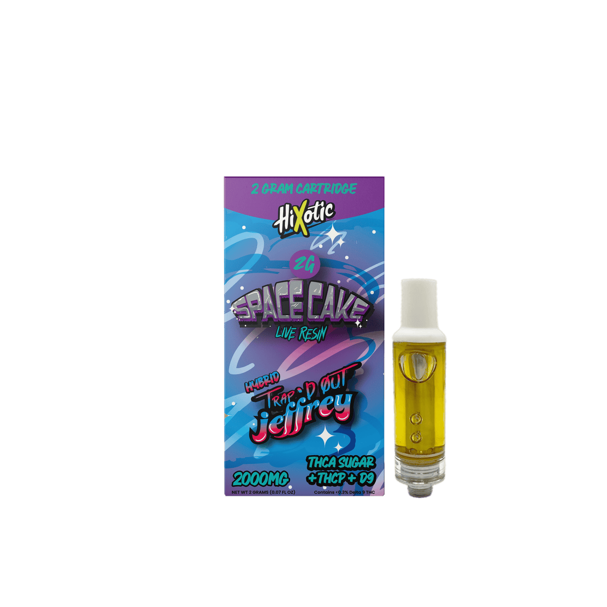 Trap'd Out Jeffrey 2G Cartridge featuring Cherry Bomb Hybrid strain, visible in sleek packaging with colorful branding.