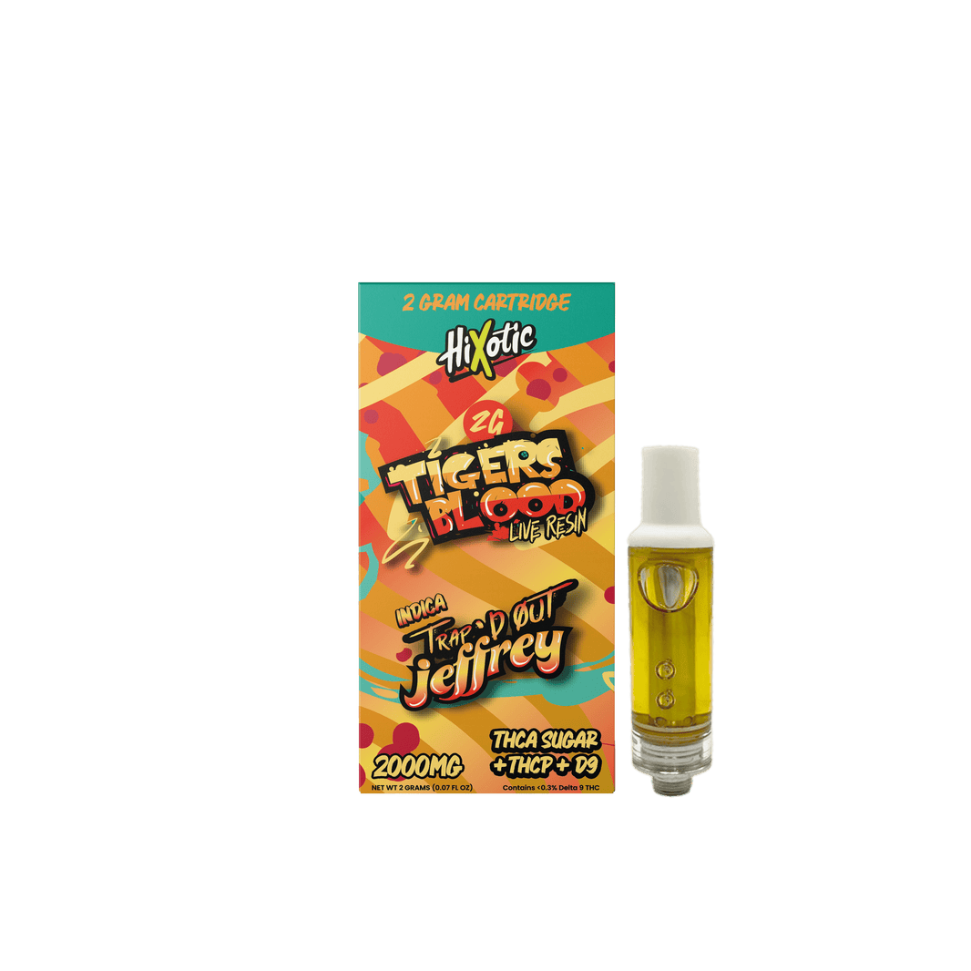Trap'd Out Jeffrey 2G Cartridge featuring Cherry Bomb Hybrid strain, with detailed design and branding visible on the cartridge.