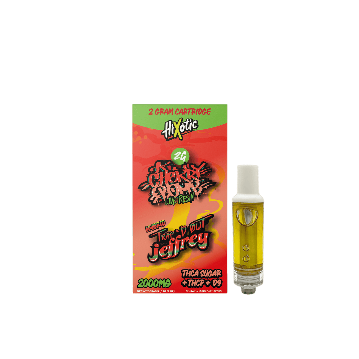 Trap'd Out Jeffrey Cherry Bomb Hybrid 2G cartridge with colorful label and glass tip, designed for vaporizers and concentrates.