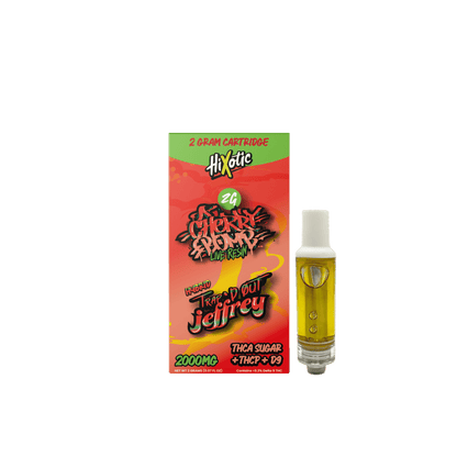 Trap'd Out Jeffrey Cherry Bomb Hybrid 2G cartridge with colorful label and glass tip, designed for vaporizers and concentrates.