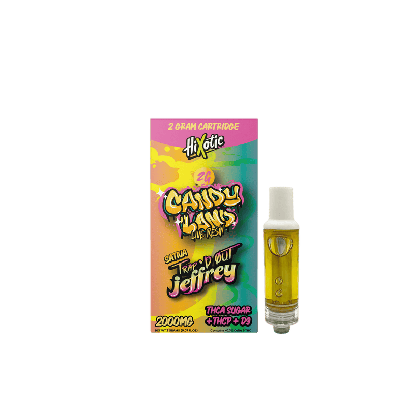 Trap'd Out Jeffrey 2G Cherry Bomb hybrid cartridge showing the clear glass and colorful label with product branding.
