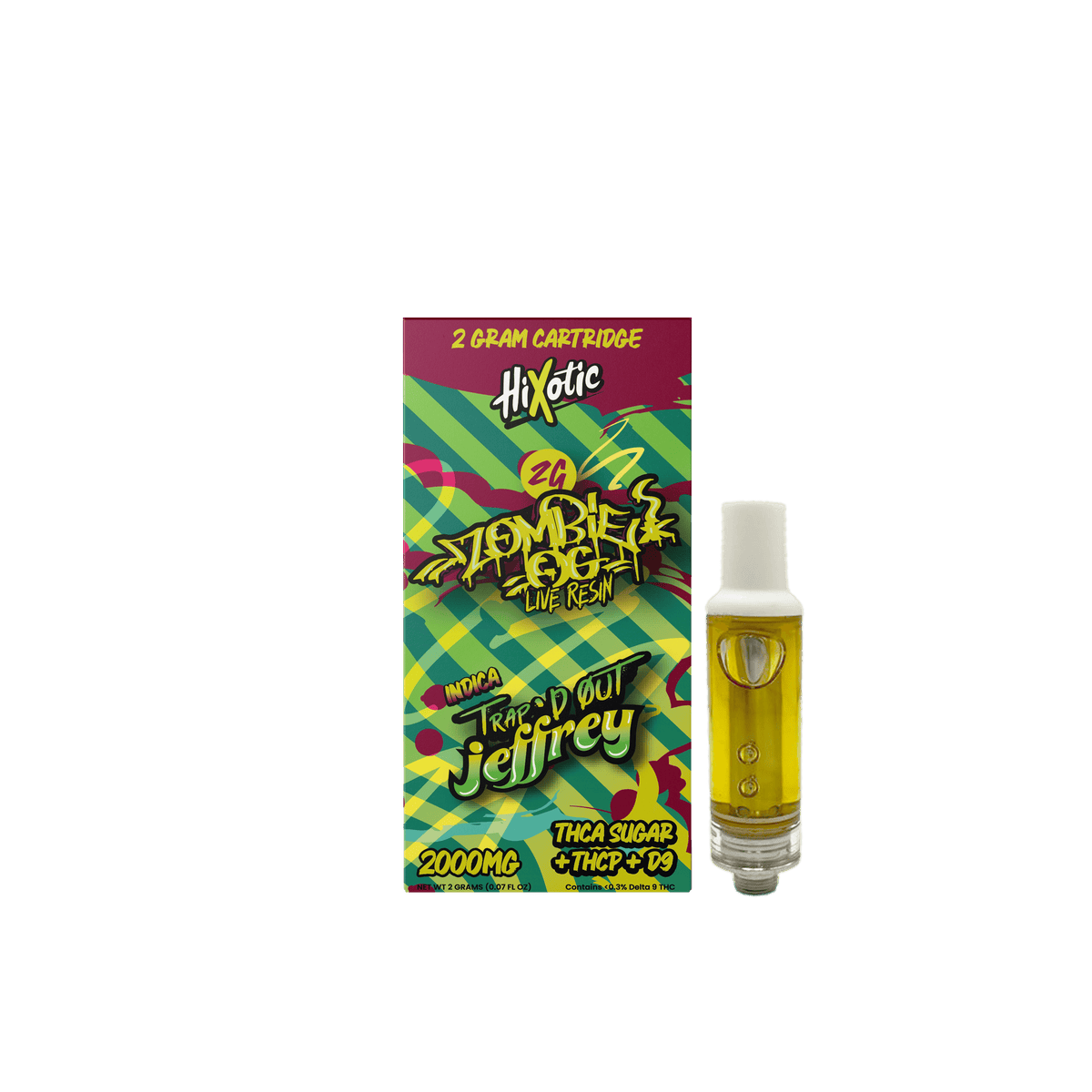Trap'd Out Jeffrey 2G Cartridge featuring Cherry Bomb hybrid cannabis oil in a clear plastic cartridge for vaporization.