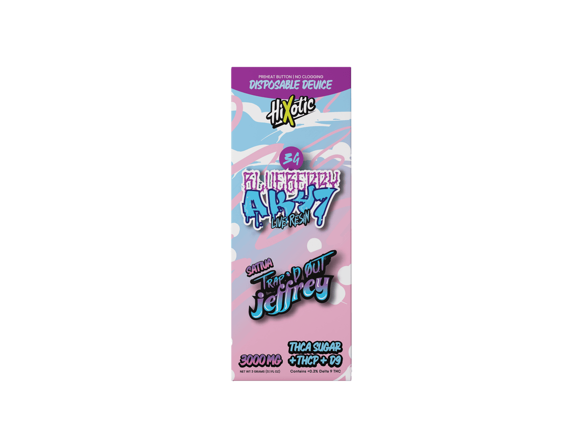 Trap'd Out Jeffrey 3G Disposable with cherry bomb hybrid flavor, features colorful packaging and compact design.