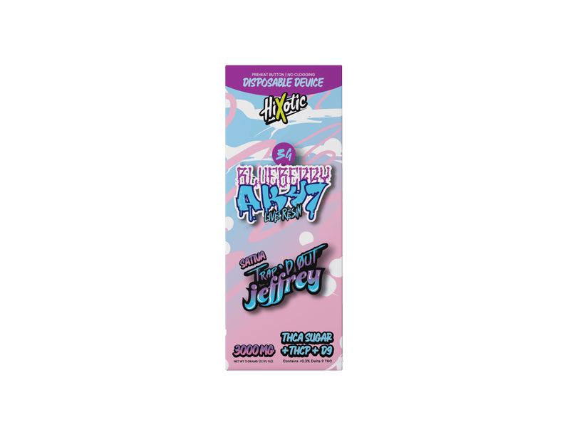 Trap'd Out Jeffrey 3G Disposable with cherry bomb hybrid flavor, features colorful packaging and compact design.