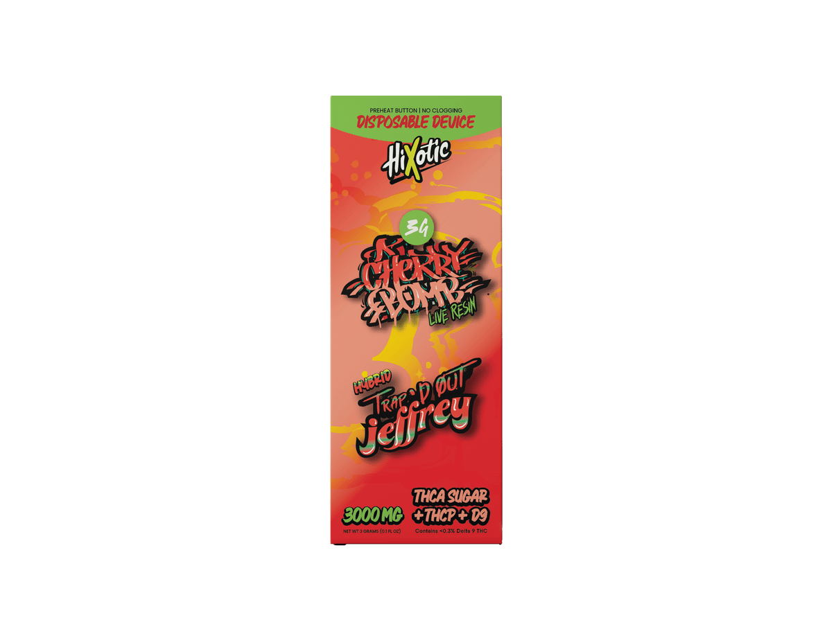Trap'd Out Jeffrey 3G Disposable with cherry bomb hybrid strain, featuring a sleek design and branding visible on the device.