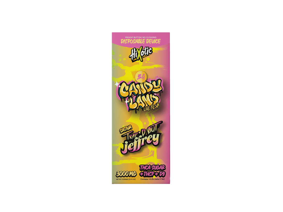 Trap'd Out Jeffrey Cherry Bomb hybrid disposable vape, featuring sleek design and visible branding, designed for easy use.