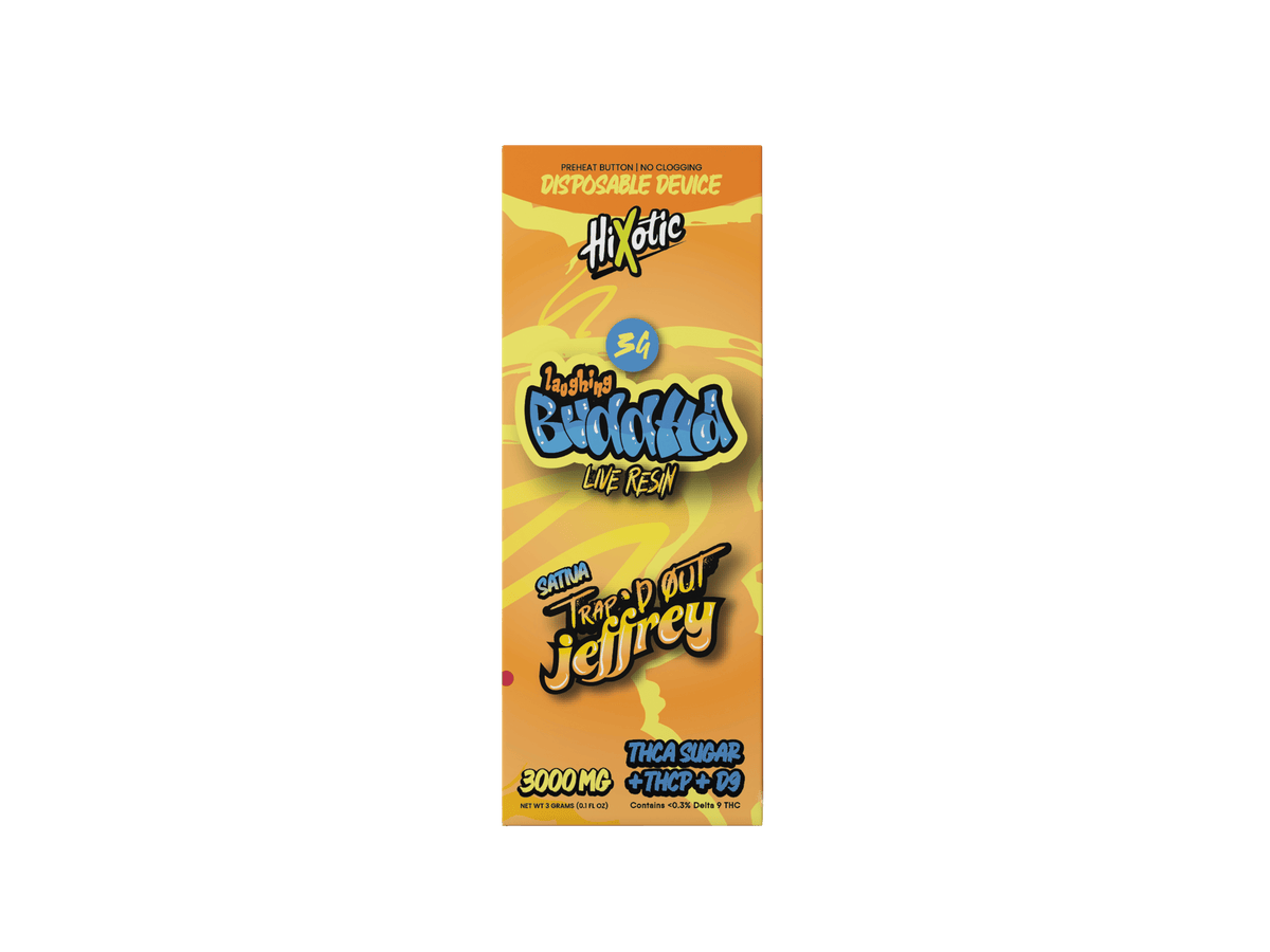 Trap'd Out Jeffrey 3G Disposable Vape with cherry bomb hybrid flavor, featuring sleek design and compact size.