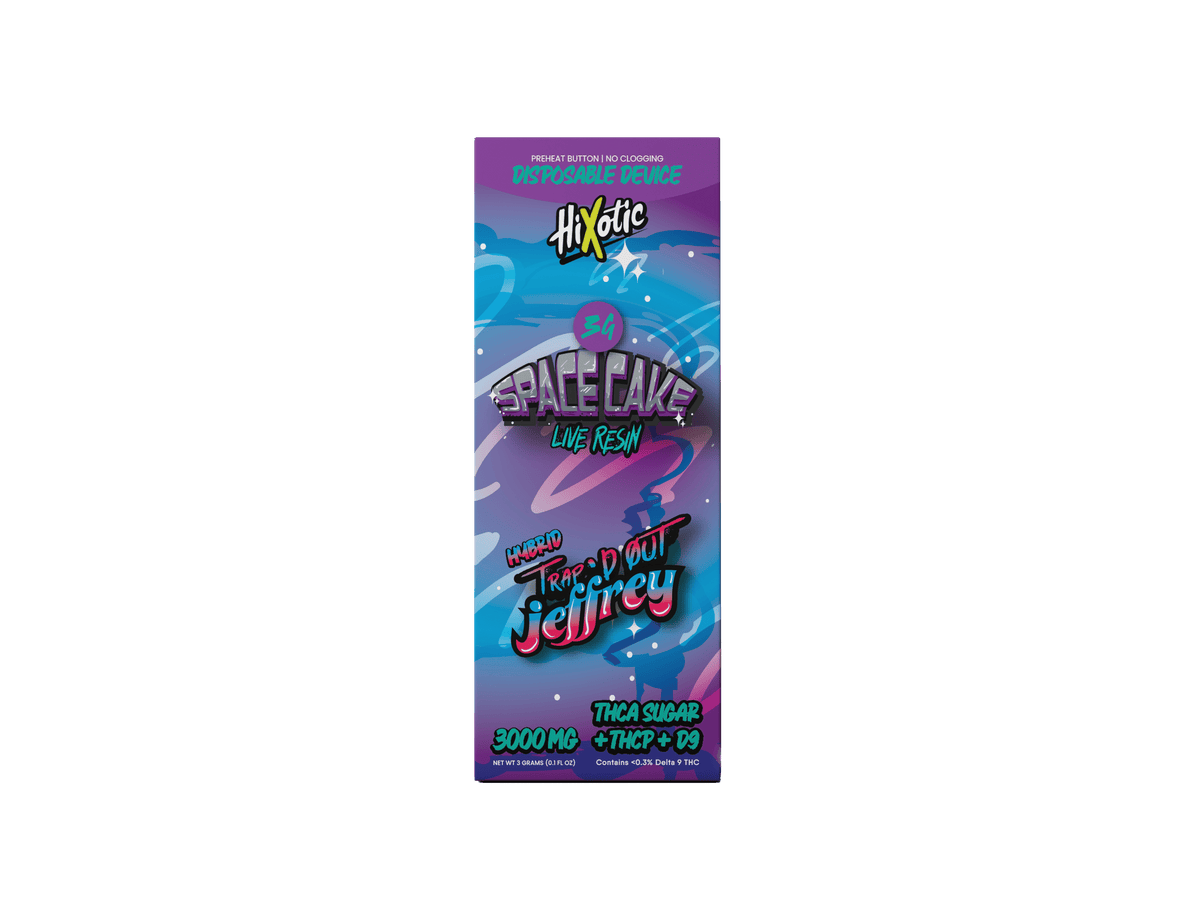 Trap'd Out Jeffrey Cherry Bomb Hybrid disposable vape pen from Trap'd Out Jeffrey, showing the sleek design and branding.