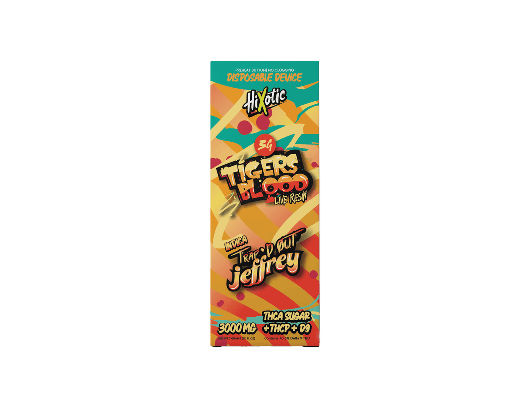 Trap'd Out Jeffrey 3G Disposable with Cherry Bomb Hybrid strain, featuring colorful packaging and product branding.