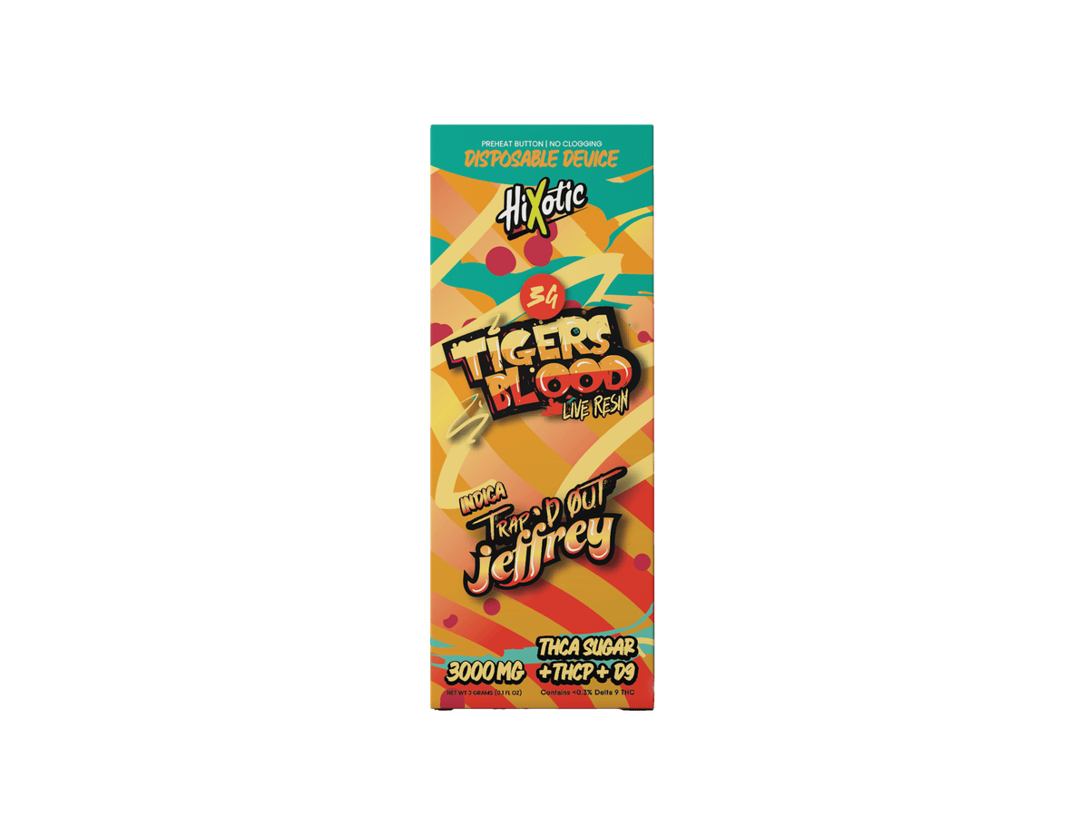 Trap'd Out Jeffrey 3G Disposable with Cherry Bomb Hybrid strain, featuring colorful packaging and product branding.
