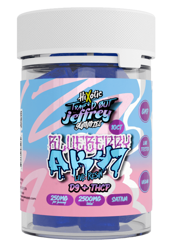 HiXotic Trap'd Out Jeffrey Live Resin Gummies — Blueberry AK47, 10-count pouch