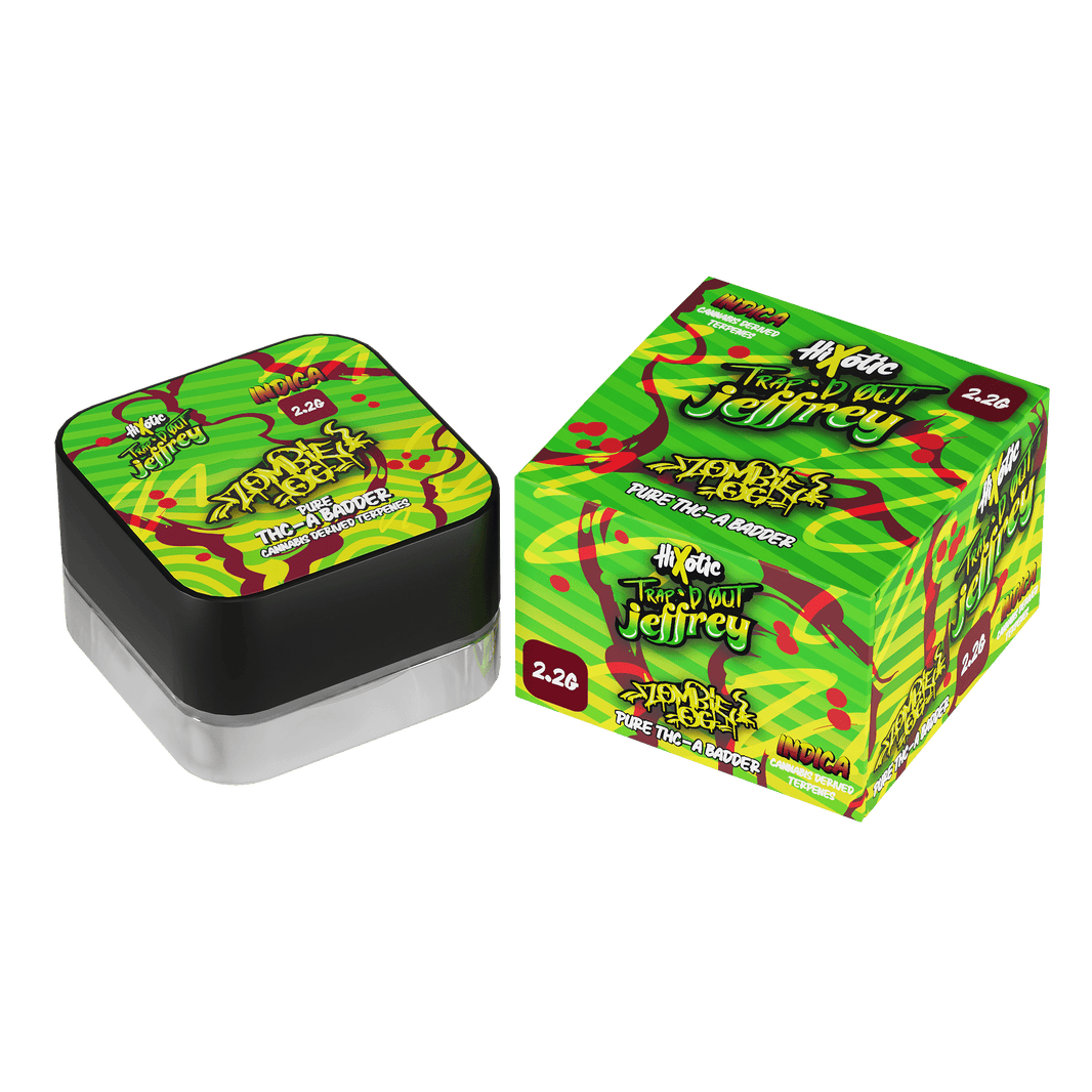 HiXotic Trap'd Out Jeffrey THCA Live Resin Badder — Zombie OG indica, 2200mg jar